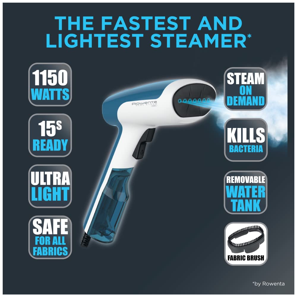 Rowenta, Steamer for Clothes, X-Cel Handheld Steamer, 15 Second Heatup, 2.4 Ounce Capacity, 1150 Watts, Portable, Ironing, Travel Must Have, Green Clothes Steamer, DR6131