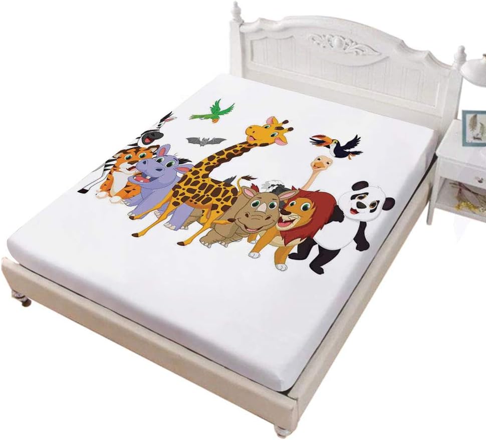 Twin Size Fitted Sheet,Colorful Jungle Animals Hippo Bat Parrot Giraffe Zebra Rhino African Safari Themed Decorations Decorative Soft Decorative Fabric Bedding All-Round Elastic Pocket,for Kids & Adul