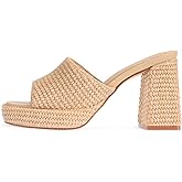 Monrovia Raffia Heeled Sandals for Women,Platform Wedge Slip On Block Heel, Dressy Summer Open Toe Chunky High Heel Vacation Beach Slides Sandals