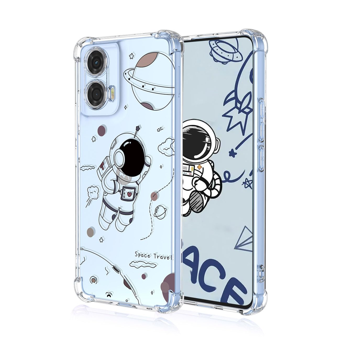 YUEQIAN Case for Motorola Moto E14 / G24 / G04 / G04S, Fashion Flower Cartoon Pattern Clear Cover, Ultra Thin Soft TPU Silicone Bumper Shockproof Boy Girl Transparent Cover (Astronaut)