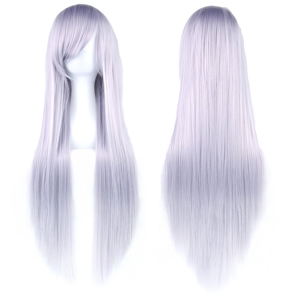 Fouriding 32" Silver Gray Women's Long Straight Full Wigs Costume Synthetic Hair Hairpieces with Oblique Bangs for Halloween Anime Cosplay Party Girl Women +Wig Cap