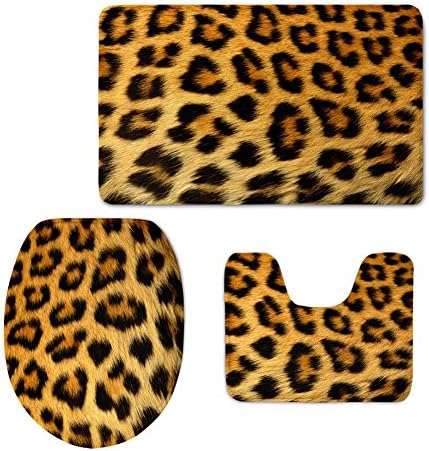 Fivebop 3 Piece Bathroom Rug Set Leopard Print Non Slip Bath Shower Mat U-Shaped Contour Mat with Lid Toilet Cover (C0454CP)
