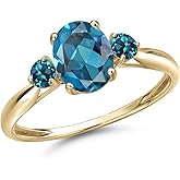 Gem Stone King 10K Yellow Gold London Blue Topaz 3-Stone Ring For Women | 1.76 Cttw | Oval 8X6MM | Gemstone Birthstone | 3 Stone Wedding Engagement Anniversary Promise Ring For Women