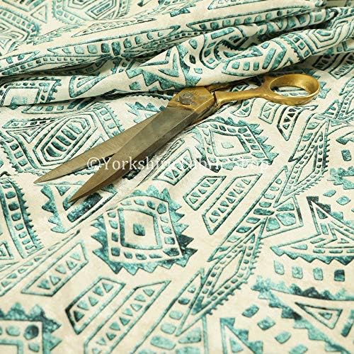 Teal Blue Tribal Aztec Pattern Shiny Velvet Curtain Upholstery Furnishing Fabric (1 Metre)