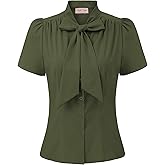 Belle Poque Summer Short Sleeve Office Button Down Blouse Stripe Shirt Tops with Bow Tie BP573
