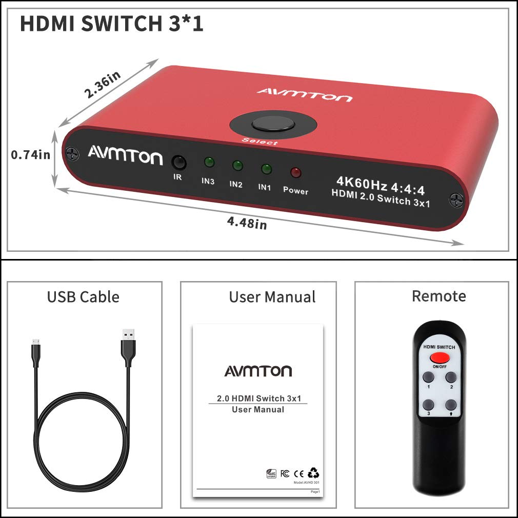 AVMTON 4K HDMI 2.0 Switch 3 Port,HDMI Switcher Splitter 3 in 1 Out,Aluminum Red HDMI Selector Box with Remote Supports 4K@60Hz Ultra HD3D 2160P 1080P for DVD,PS3/4 TV/X Box Fire Stick Blu-Ray Player: Industrial & Scientific