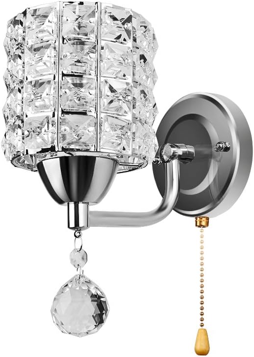 Modern Style Crystal Pendant Wall Lamp ALLOMN Bedroom Aisle Living Room Wall Lamp Holder with Power Pull Switch E14 Socket (No Bulb Included) AC 85-250V Silver