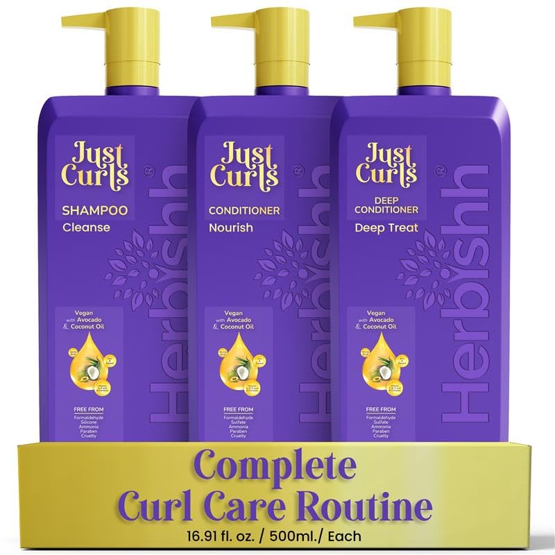 Herbishh Just Curls Vegan Shampoo and Conditioner + Deep Conditioner for Curly Hair Products Kit Enriched with Avocado & Coconut Oil for Dry Damaged, Wavy, Curly Hair Gift set for Women & Men