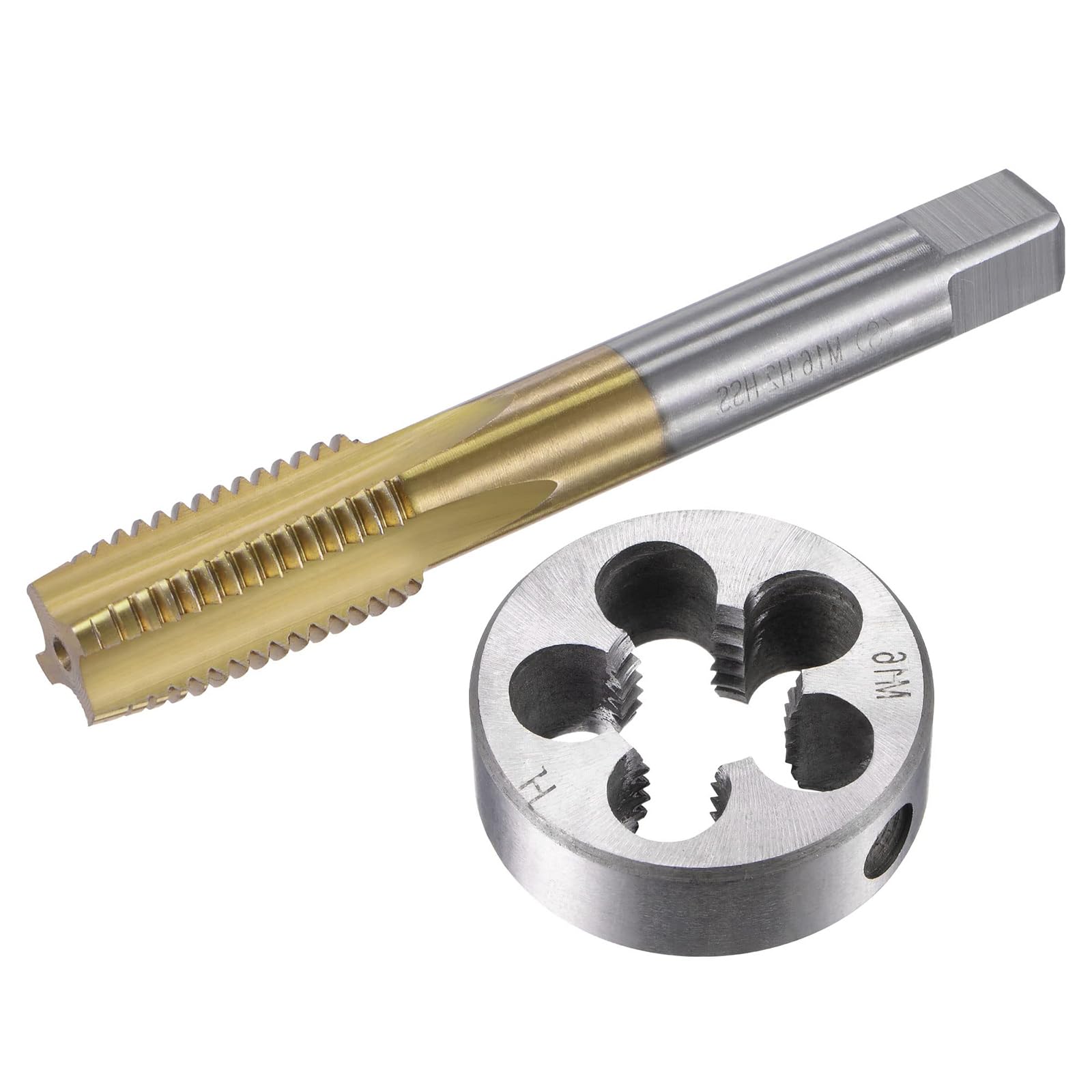 MACHSWON Tap and Die Set Metric M16x2,HSS (High Speed Steel) Titanium Plated Machine Straight Flute Thread Screw Tap,Alloy Steel Round Threading Die