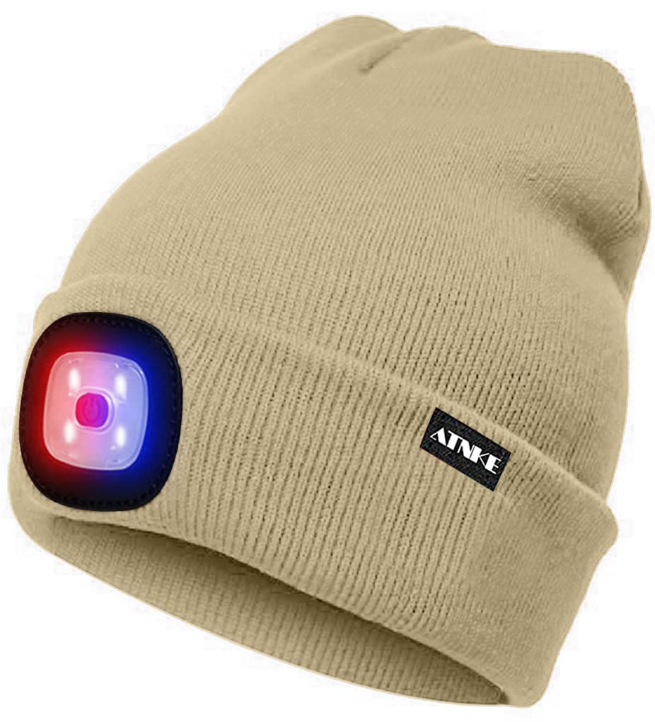 ATNKE LED Lighted Beanie Cap,USB Rechargeable 4 LED Red and Blue Glow Flashing Running Headlamp Hat Winter Warm Gifts for Men and Women/Beige