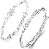 Eyixvan 2 Pack Silver Plated Adjustable Bangle Bracelets for Women, Stackable Butterfly Twisted Bangle Set for Women, Jewelry Gift for Valentines Day, Mothers Day, Birthday, Anniversary, Christmas