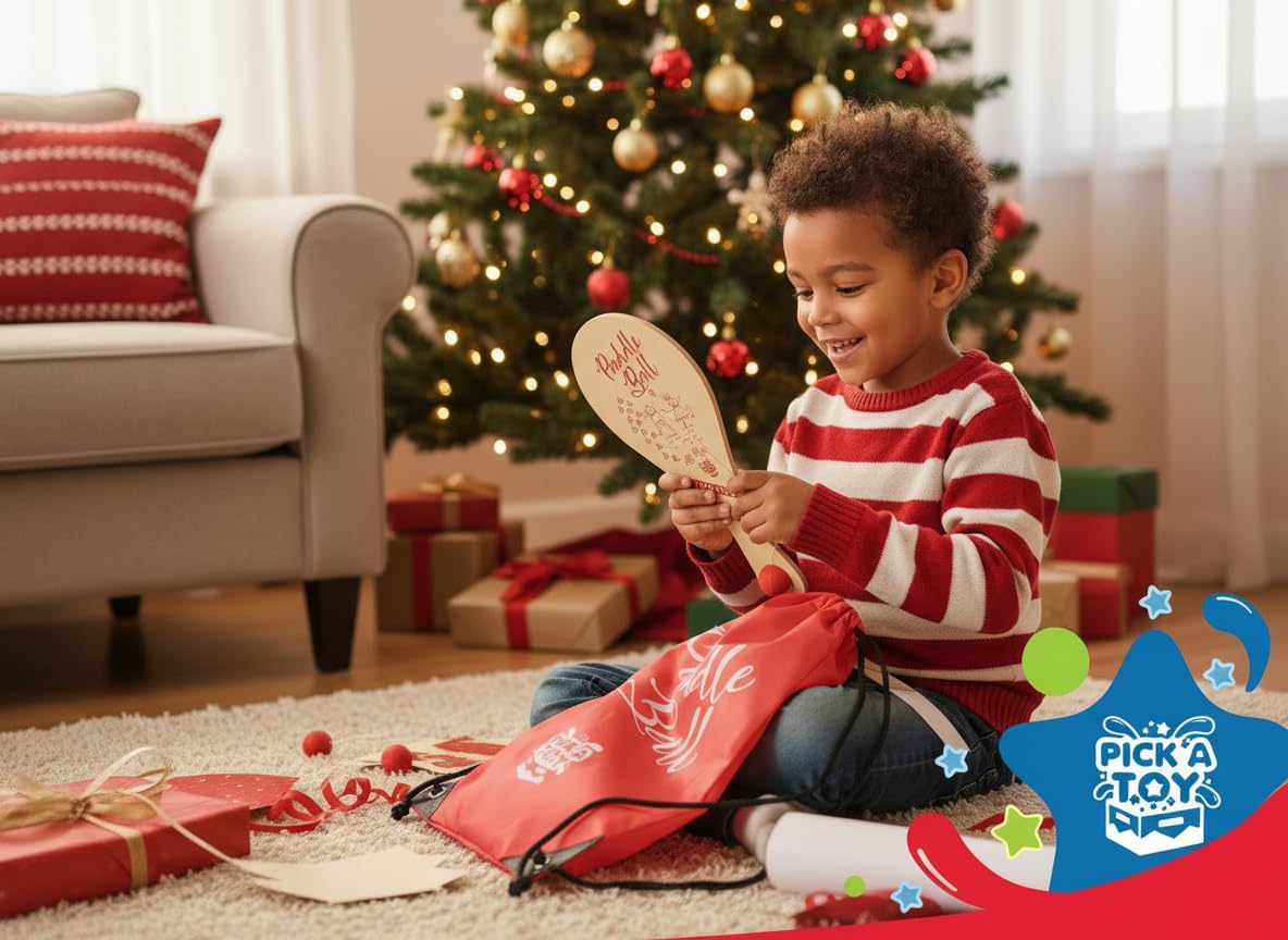 Wooden Paddle Ball (Set of 2) with Red Carry Bag Indoor Outdoor Toy: Fun and Classic Paddleball Game for Boys and Girls, Party Favor Toys Ages 4+