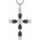 YL Cross Necklace for Women 925 Sterling Silver Halo Gemstone Pendant Birthstone Religious Jewelry for Mom