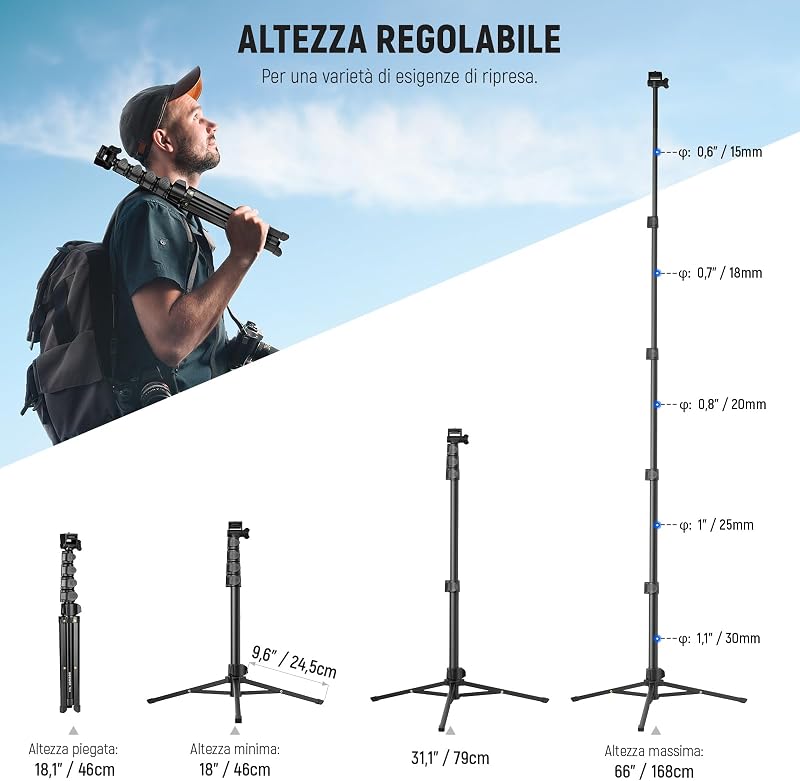 BASIC Treppiede Telefono per iPhone Fotocamera con Telecomando e Portatelefono, 66" Selfie Stick Phone Stand in Metallo per Vlog Viaggio, Supporto Fotocamera e Cellulare per Video Film, TS03