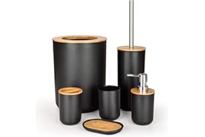 Bathroom Accessories Set 6Pcs Bamboo Bathroom Set Black Washroom Accessory Set - Lotion Bottles Toothbrush Holder Tooth Mug S