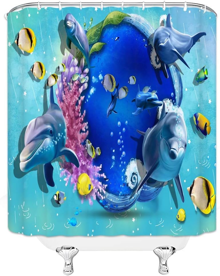 YJMSGS Chunyi Blue Sea World Coral Dolphin Printed Waterproof Shower