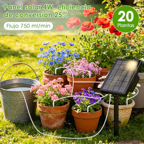 ZWOOS Riego por Goteo Solar, Sistema De Riego Automático con Temporizador, Manguera 15M & 20 Goteros, Recargable USB-C, Kit Riego por Goteo para hasta 20 Plantas, Balcón e Invernadero
