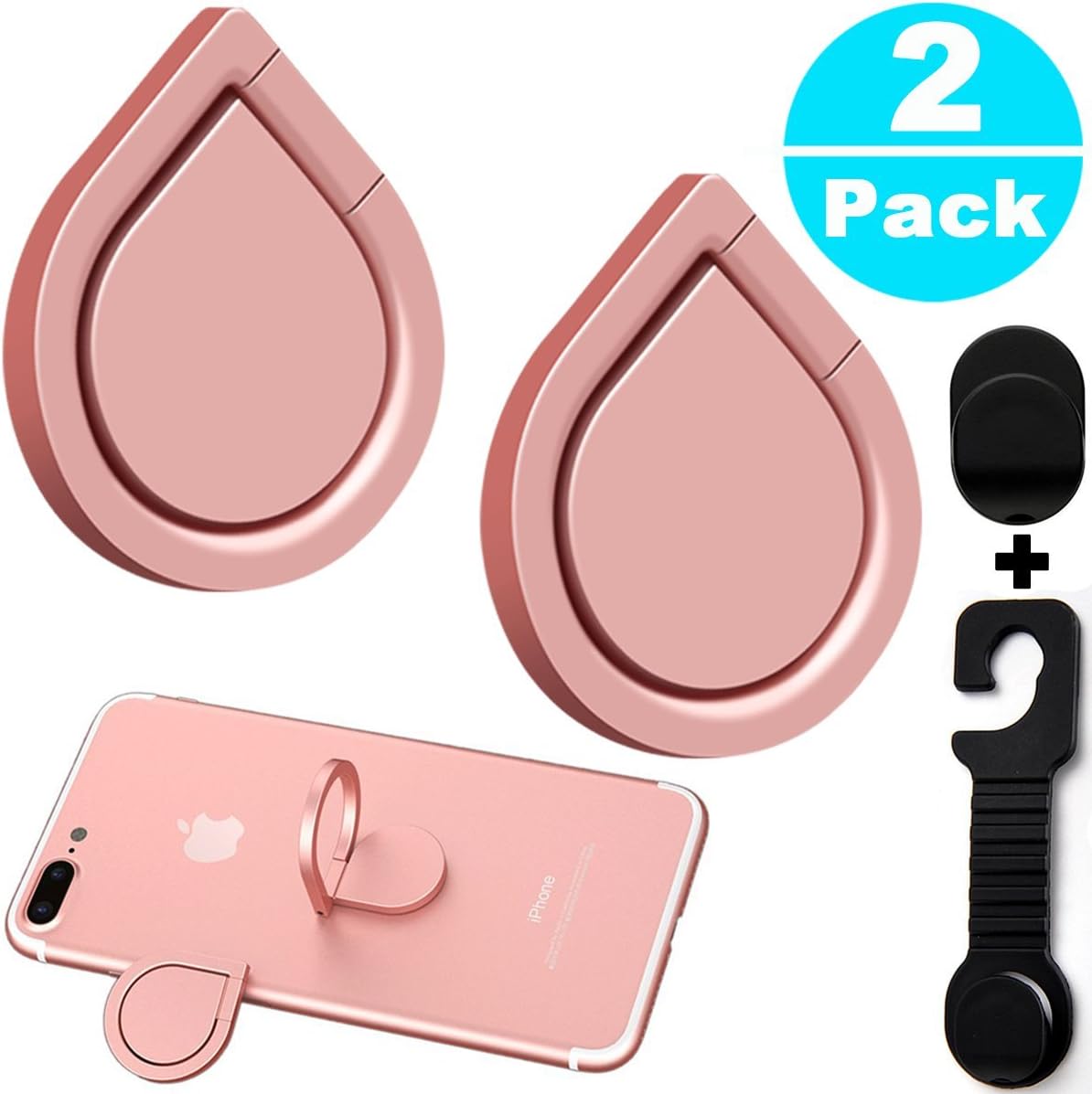 Phone Ring Stand Holder - 2 Pack 360° Rotary Finger Grip Stand Holder Ring - Car Mount Phone Ring Grip for iPhone/Samsung/Galaxy/iPad/Phone Case (Rose Gold Water Droplets)