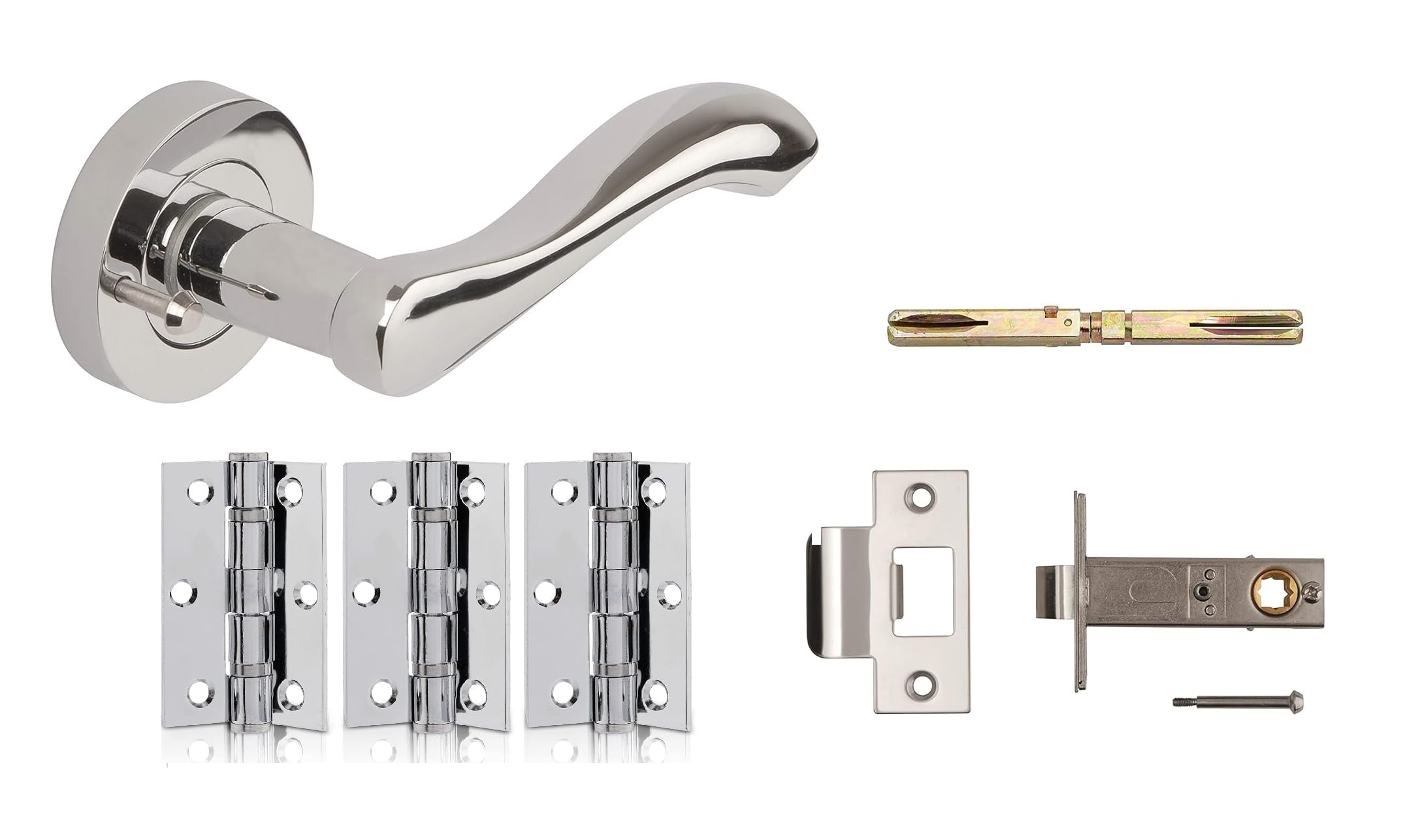 Dale Hardware Venus Door Handles & Push Button Privacy Latch, Complete Set with Door Handles, 75mm Tubular Latch and 3 x 75mm Ball Bearing Hinges, for Internal Wooden Doors. Polished Chrome