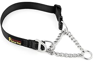 Plutus Pet Martingale Dog Collar with Stainless Steel Chain and Reflective Nylon, Adjustable No Pull Training Collar, for Small Medium, and Large Dogs, Black, L