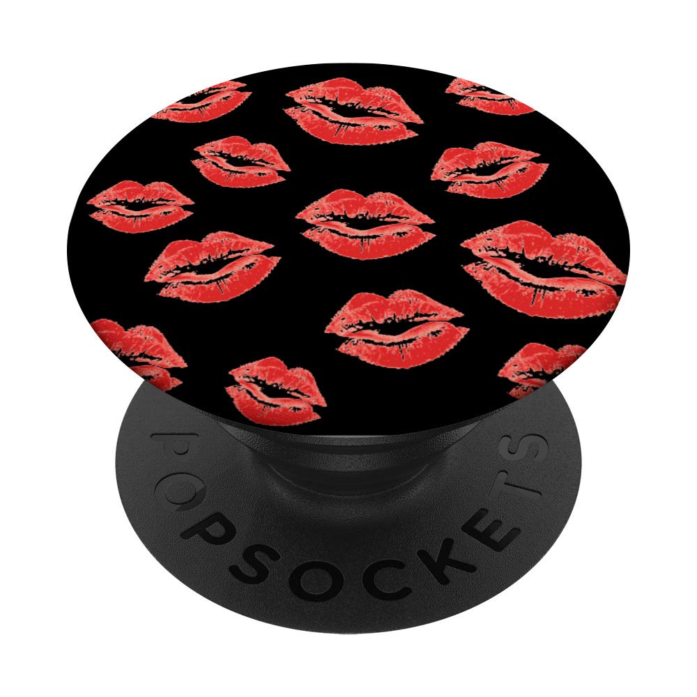 Lipstick Kisses - Kissing Red Lips Kiss pattern on black PopSockets PopGrip: Swappable Grip for Phones & Tablets