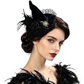 LSHDXD Witch Hat Fascinator with Hair Clips, Black Lace Feather Spider Witch Headpiece, Gothic Halloween Costume Hair Accessory for Women Masquerade Cocktail Party