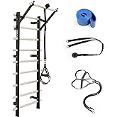 Swedish Ladder, Wood Stall Bar with Suspension Trainer Straps, Pull-Up Dip Bar Attachment, Strategic Rods, for Home, School, hysical Therapy and Gymnastics