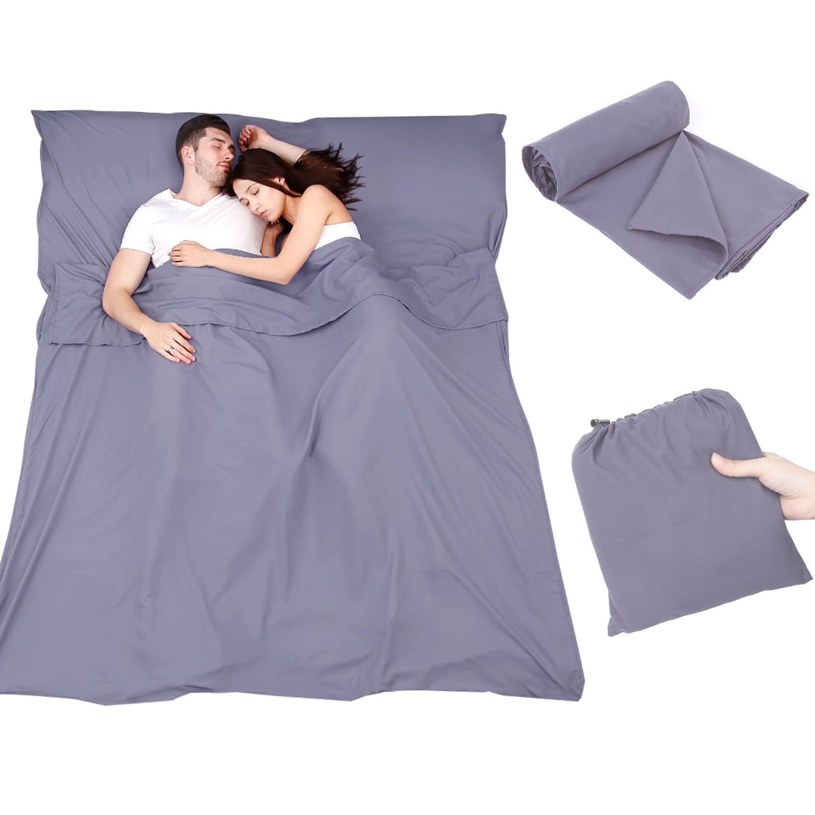 Plliocse Sleeping Bag Liner Travel Sheet Sleeping Bag, Double Size 160 x 210 cm Sleeping Bags Liners with Pillow Pockets for Adults, Travel, Hotels, Business Trip, Camping (Purple, 160cm x 210 cm)