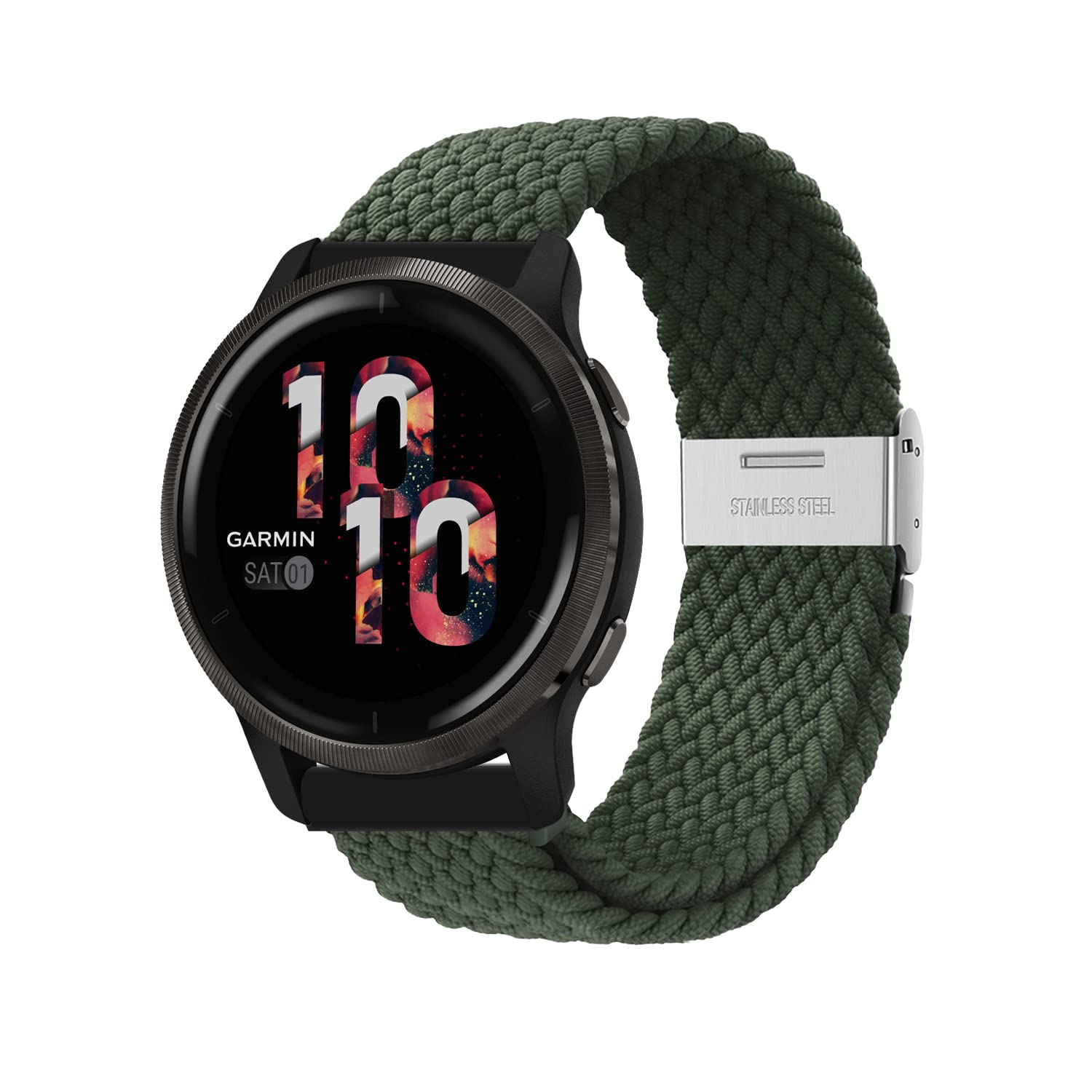 Niboow 22mm Strap for Garmin Venu 3/Venu 2/Vivoactive 4/Forerunner 265/Forerunner 255/Forerunner 255 Music, Elastic Nylon Watch Bands for Huawei Watch GT 4 46mm/Watch 4/Watch 4 Pro - Green — image 1