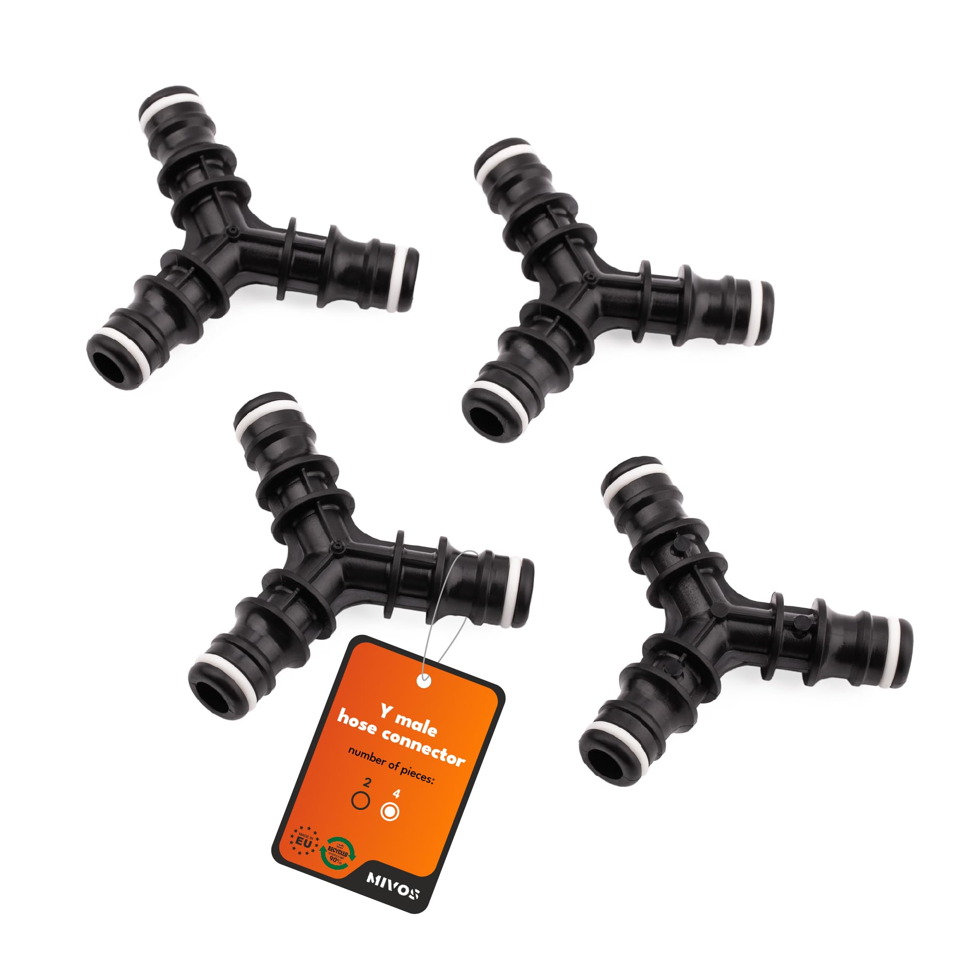MIVOS 4 x Y-piece hose connector for connecting water hoses - Y connector for hose branch - hose distributor for garden hose - made from 90% recycled plastic
