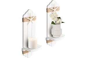 CEDARLUX Wall Candle Sconces Set of Two, Rustic White Wood Wall Candle Holder Decor, Farmhouse Wooden Candle Holder Wall Decorations for Fireplace, Hallway, Living Room, Bedroom