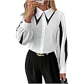 GORGLITTER Women's Color Block Shirt Long Sleeve Point Collared Button Down Shirt Business Causal Blouses