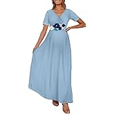KIM S Maternity Maxi Dress with Flower Sash(S-3XL)/Wrapped Ruched V Neck Photoshoot Baby Shower Dresses