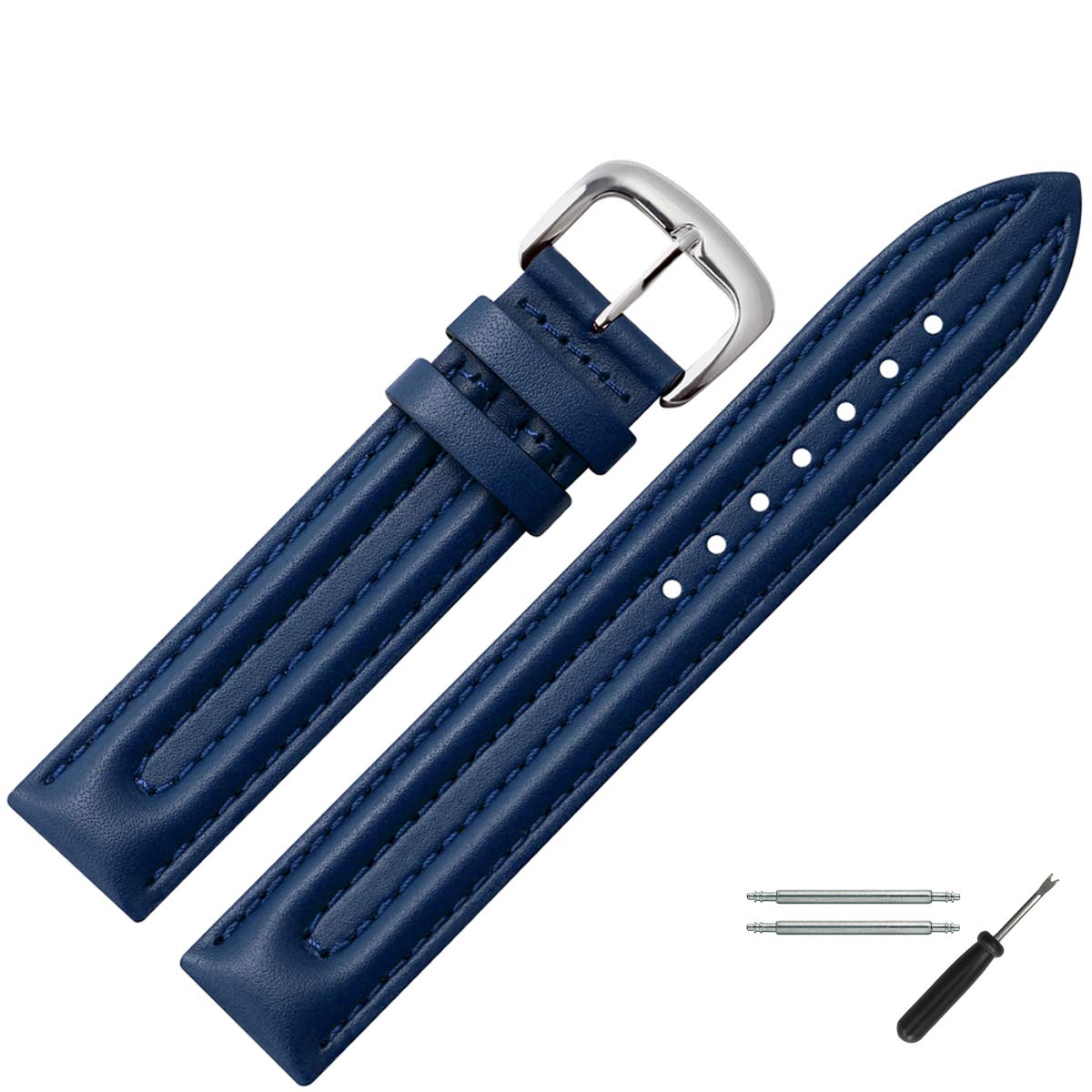 MARBURGER Watch Strap 18 mm Leather Tool Assembly Set 25018, blue/silver, Classic