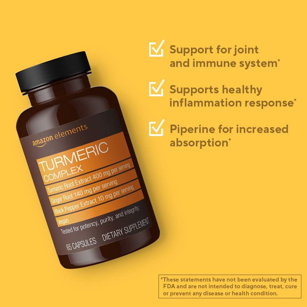  Elements Turmeric Complex, 400mg Curcumin, 140mg Ginger, 10mg Black Pepper - Joint & Immune System, Healthy Inflammation Response - 65 Capsules (2 month supply) (Packaging may vary): Health & Personal Care