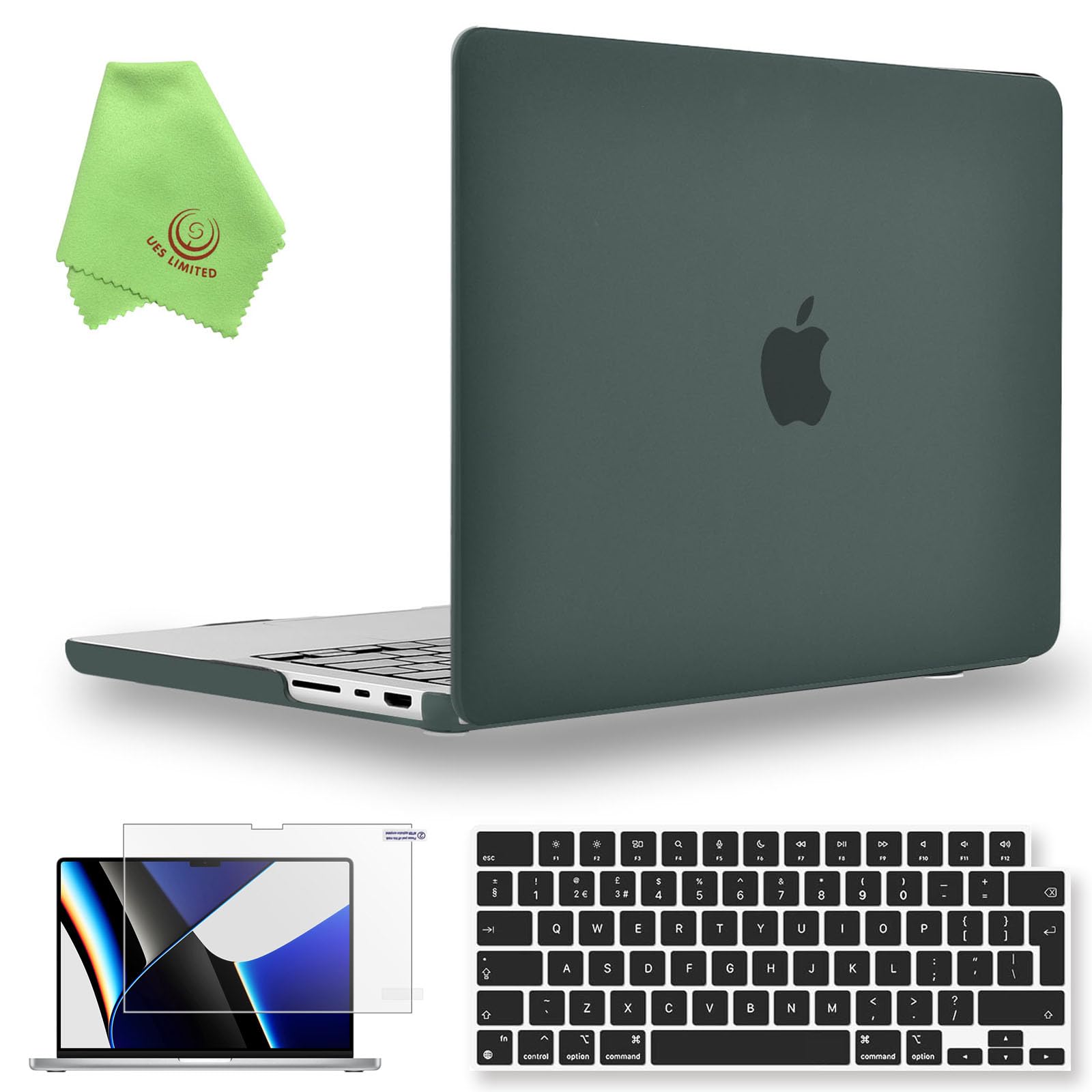 UESWILL 3in1 Compatible with MacBook Pro 14 inch M5 M4 M3 M2 M1 Pro Max chip (2021-2026 Release), Matte Hard Shell Case + UK Layout Keyboard Cover + Screen Protector, Midnight Green