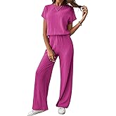 Happy Sailed Women's Casual Loose Solid Ribbed Crewneck Short Sleeve Long Romper Stretchy Wide Leg Jumpsuits
