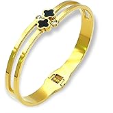 Dainty Clover Bangle Bracelet Stainless Steel Gold Plated With Crystal Accents