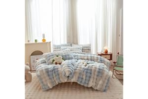 chovy Kids Girls Rabbit Plush Blue White Bread Grid Comforter Cover Duvet Cover Twin - 3PC Faux Fur Bed Set Soft Warm Velvet Flannel Fluffy Fuzzy Bedding（Comforter x 1 Pillowcases x 2）