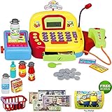 Toy Cash Register For Kids - Pretend Supermarket Toy for Boys or Girls - Cashier Toy with Working Mic, Scanner & Calculator - Play Money Cash and Coins and more. BONUS: Toy Wallet