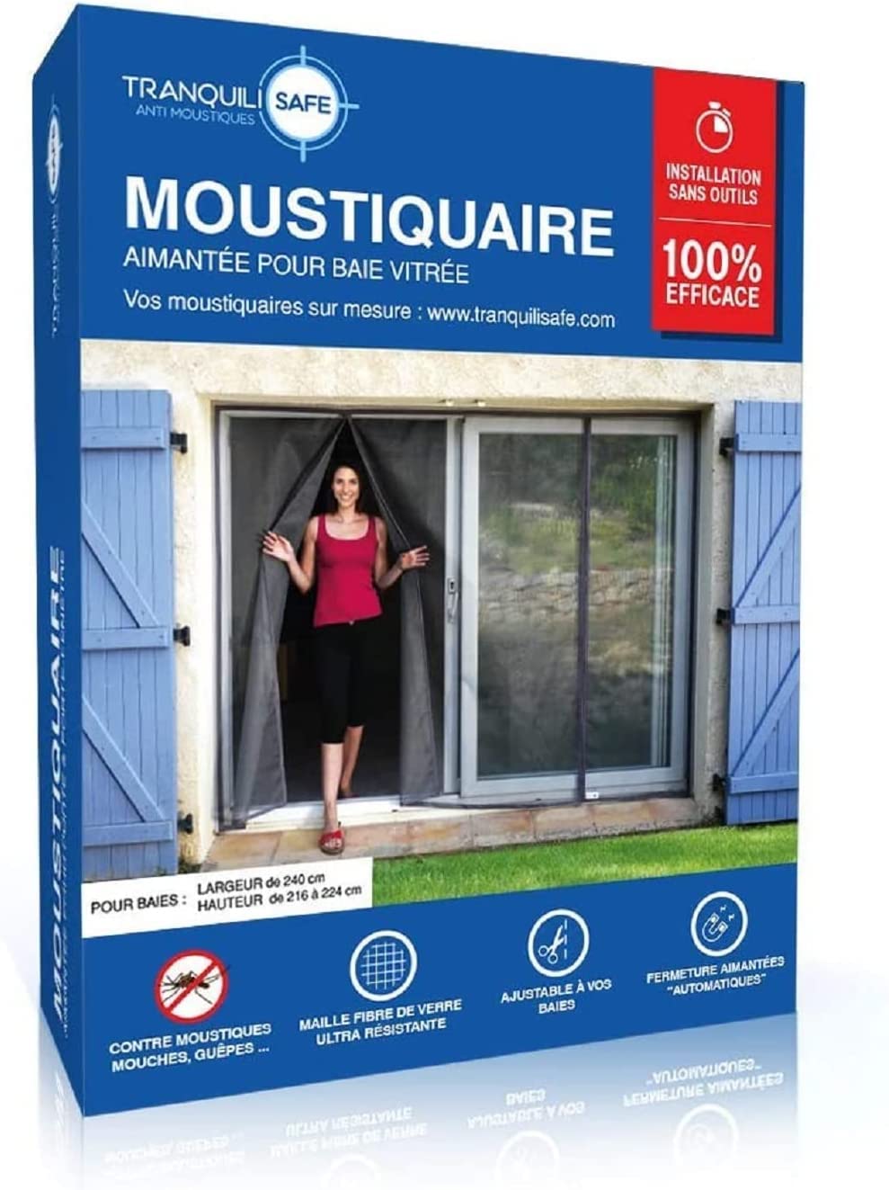 Tranquilisafe® Adjustable Magnetic Fly Screen Anti Mosquitoes and Anti Fly Screen for Sliding Bay (Width: 210 cm - Height: 216/224 cm) – Automatic – Mosquito Net Door