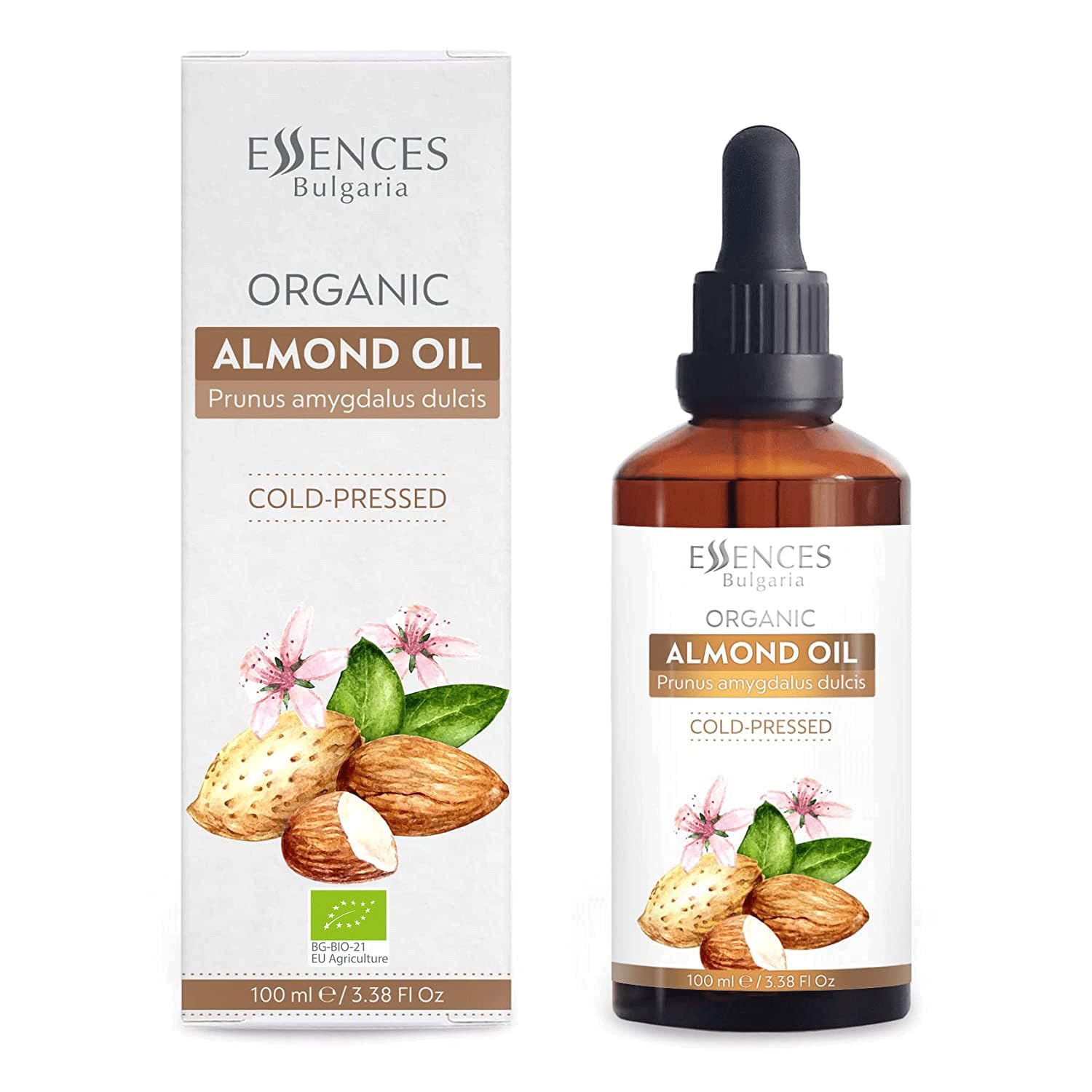 Essences Bulgaria Organic Almond Oil 100ml | 100% Natural Cold-Pressed Oil | Therapeutic Quality | Family Owned Farm | Massage Base Oil | Natural Moisturizer | Ideal Carrier Oil