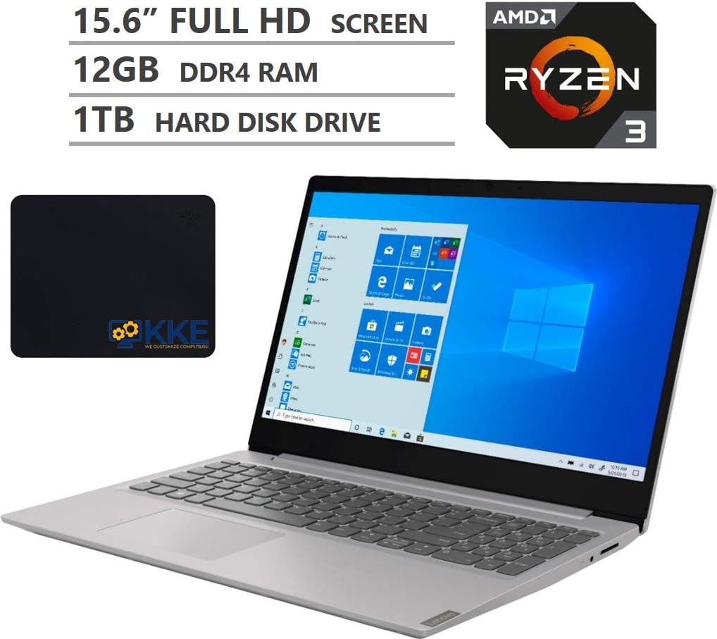 Lenovo Ideapad S145 Laptop, 15.6" Full HD Screen, AMD Ryzen 3 3200U Processor up to 3.5GHz, 12GB DDR4 RAM, 1TB Hard Disk Drive, HDMI, Wireless-AC, Bluetooth, Windows 10 Home, Grey, KKE Mousepad Bundle