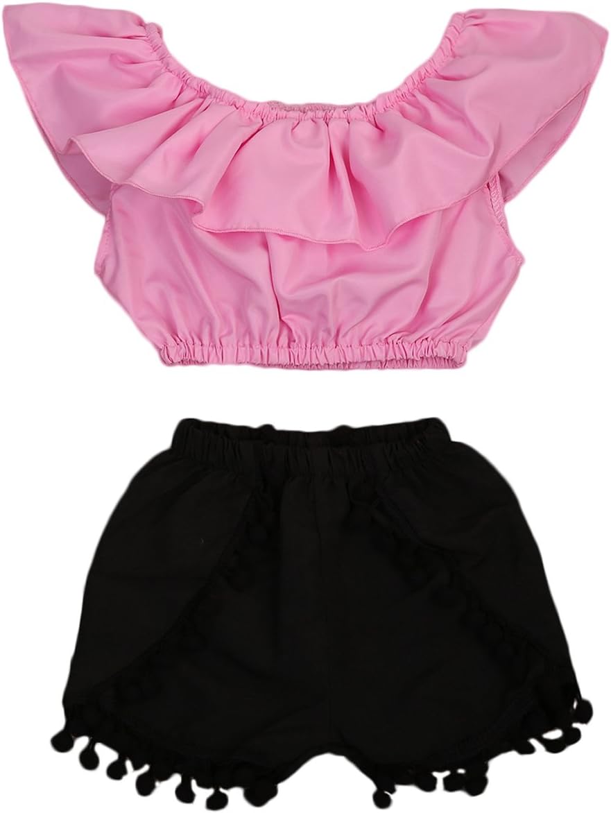 Cute Baby Girls Short Sleeve Blouse Tube Top+High Waist Pom Pom Short Pants