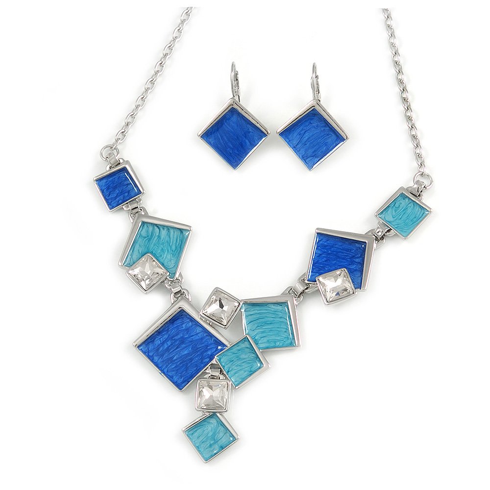 Avalaya Avant Garde Blue Enamel Geometric Square Station Crystal Necklace and Drop Earrings Set/Rhodium Plating/42cm L/ 7cm Ext