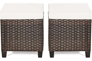 RELAX4LIFE 2-Piece Patio Ottoman Set - Wicker Footstools, All Weather PE Rattan Ottoman with Removable Cushions, Square Footrest Seat, Outdoor Stools for Garden, Porch, Pouf Ottoman (Cream)