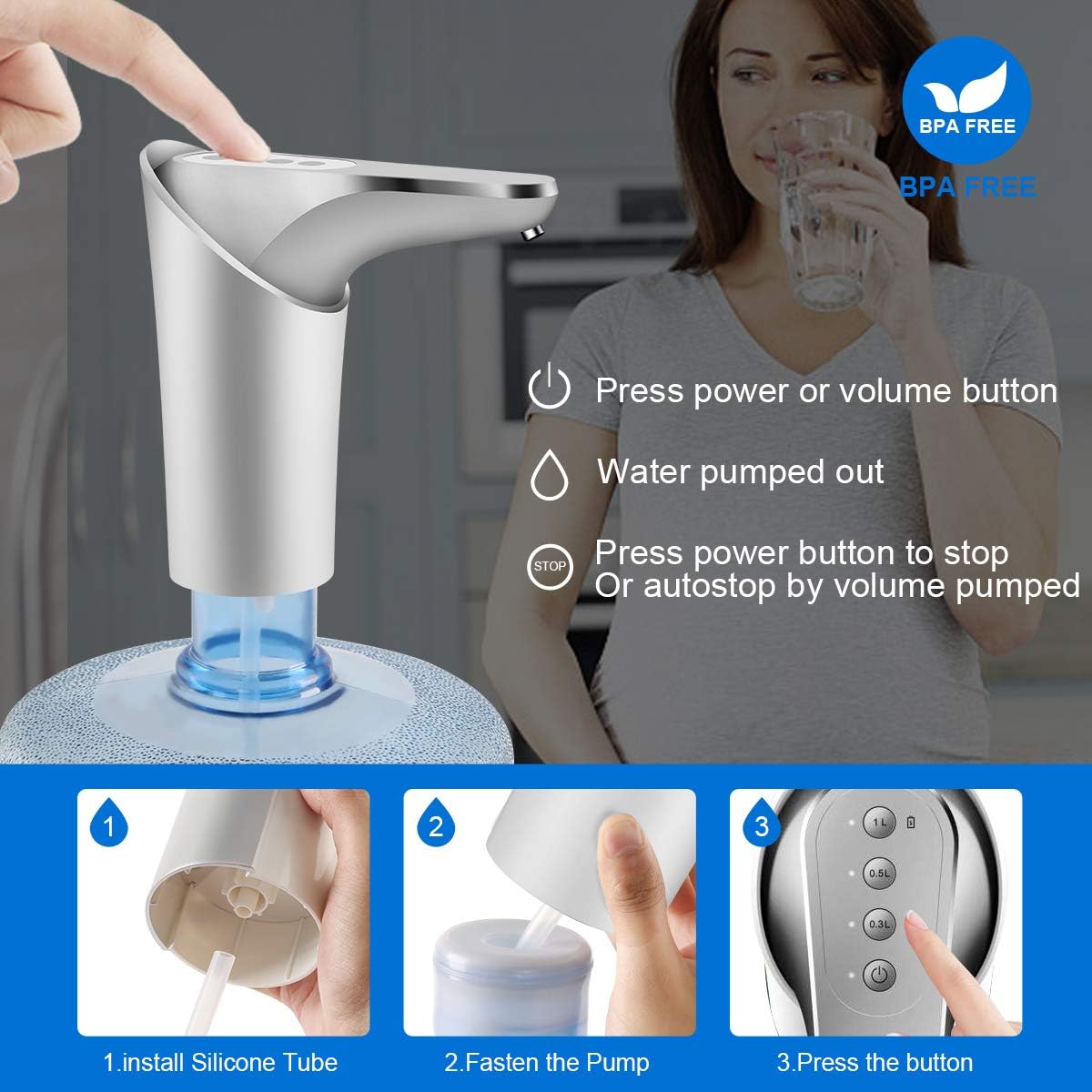 Water dispenser pump for 5 gallon Water bottle, Auto Bottled Gallon Water Jug Dispenser Pump (White/Silver) - - 