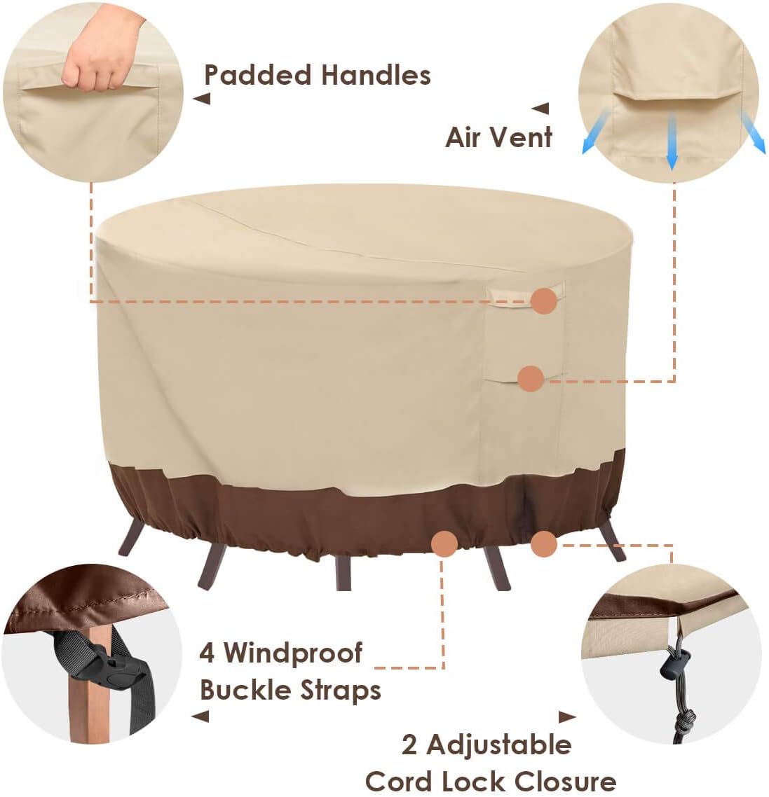 Vailge Round Patio Furniture Covers, 100% Waterproof Outdoor Table Chair Set Covers, Anti-Fading Cover for Outdoor Furniture Set, UV Resistant, 62" DIAx28 H,Beige & Brown: Kitchen & Dining