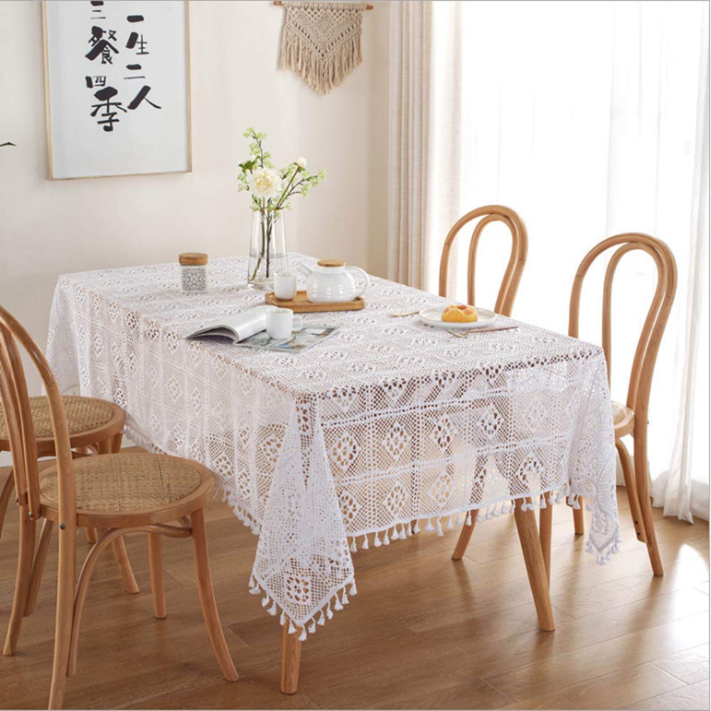 BMIDRUT White Cotton Crochet Tablecloths Lace Doilies Vintage Rectangle Crochet Tablecloths Table Cover Table Topper Wedding Home Party Table Decoration 140x180 cm