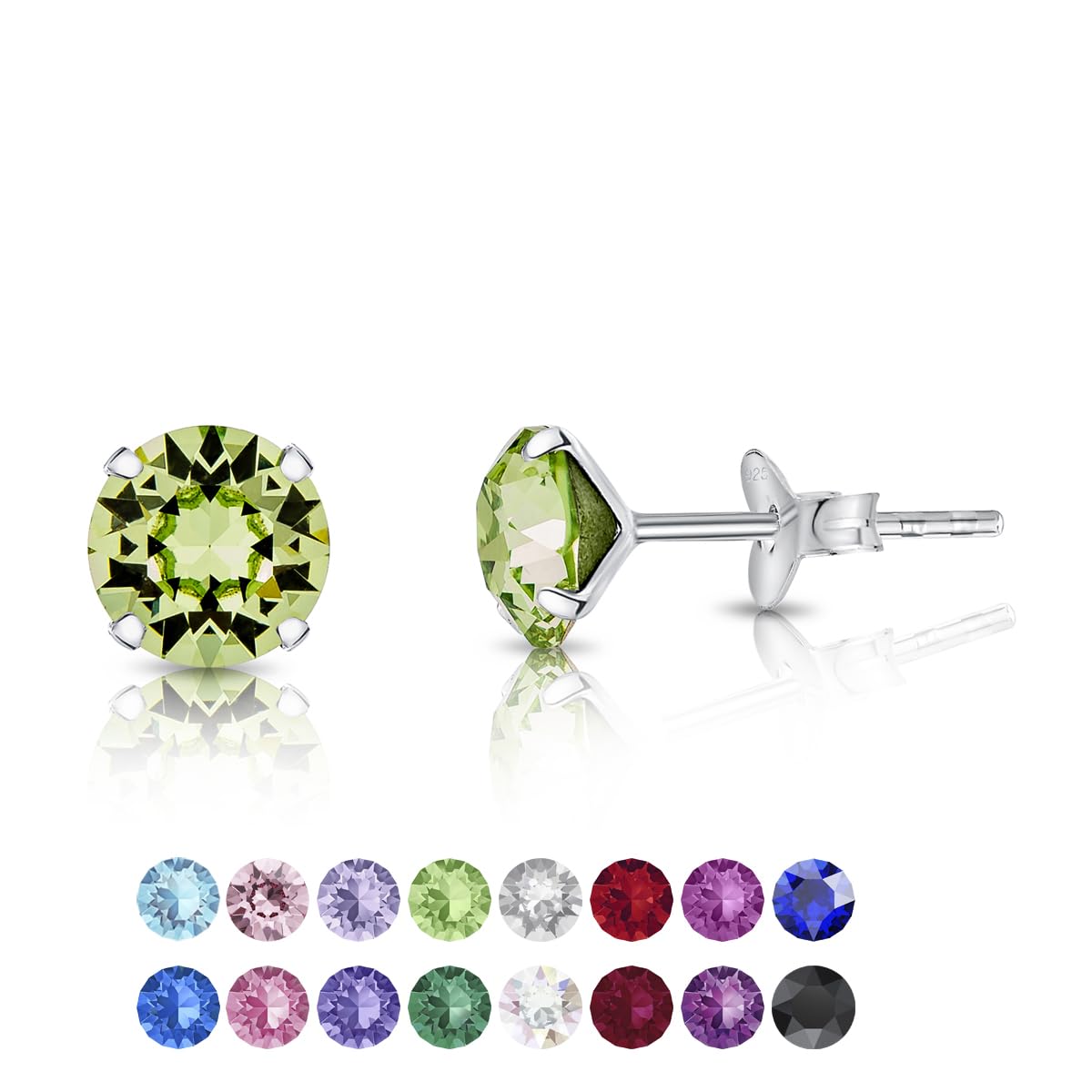 Peridot Earrings for Women - Stud Earrings 925 Sterling Silver with Peridot Crystal 6 mm - 925 Silver Round Studs